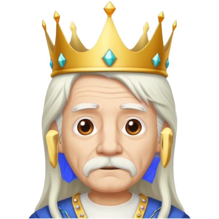 old man with long white hair and has no moustache wearing a white shirt and a crown emoji