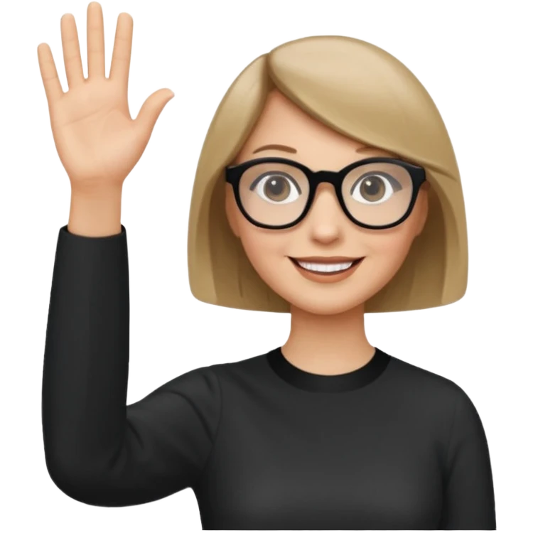 woman dark blonde petite bob haircut wears dark squarish glasses, classic clothes, smiling, waving, a tad older emoji