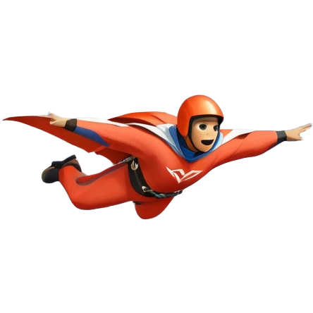 A daring wingsuit athlete soaring between towering mountains, with their wingsuit fully stretched, cutting through the air at high speed. The background features dramatic cliffs and a vast sky, emphasizing the thrill and freedom of base jumping. emoji