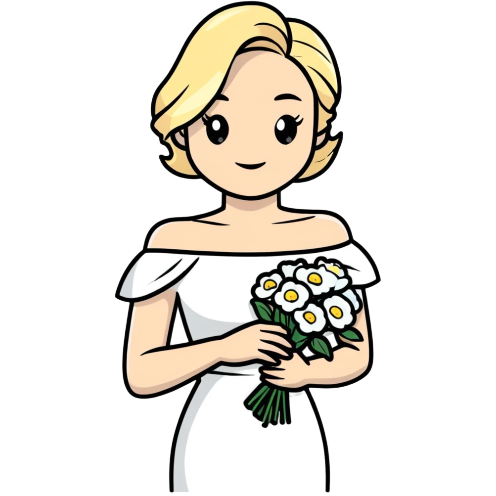 blonde woman in a white off-shoulder dress with a bouquet of white flowers emoji