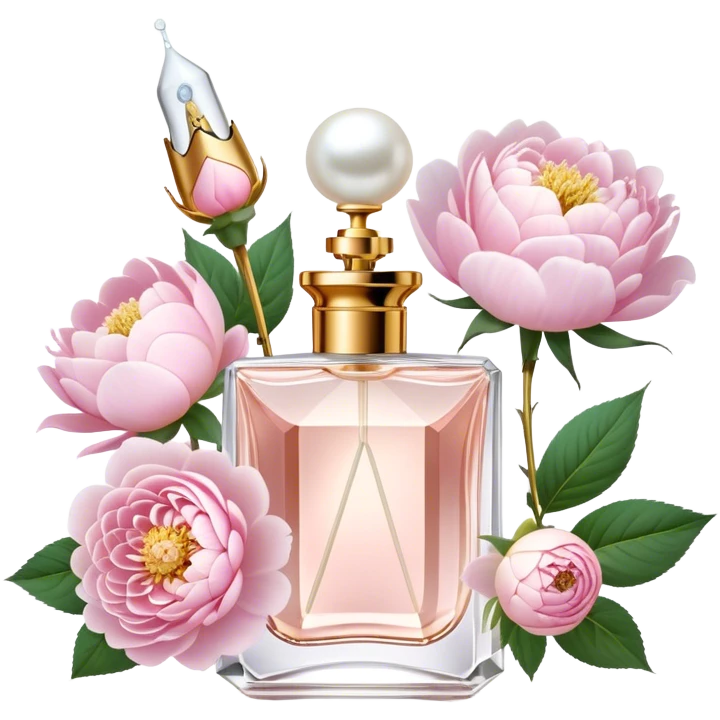 A delicate glass perfume bottle with a golden atomizer, surrounded by soft pink roses, white peonies, and dahlias, as pearl butterflies reflect beautifully in the crystal surface.
 emoji