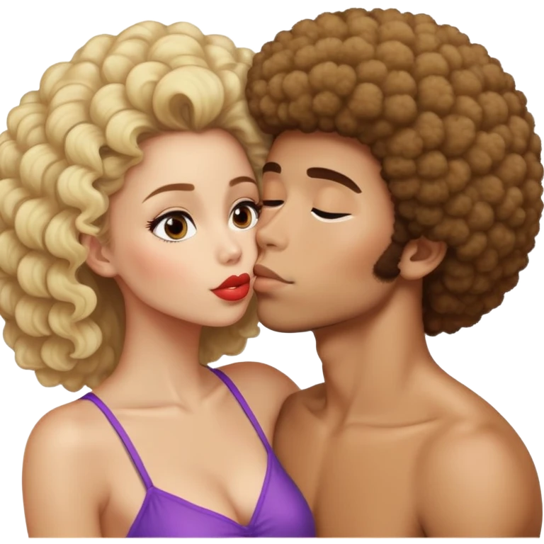 Girl with brown hair smooching a blonde Afro guy emoji