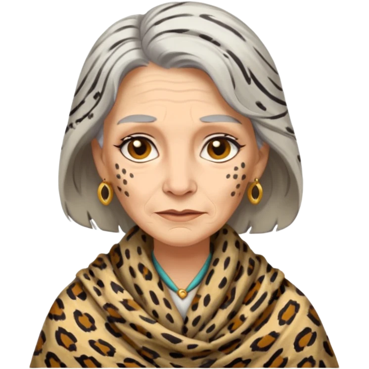 ancient white woman, tattered leopard skin shawl emoji