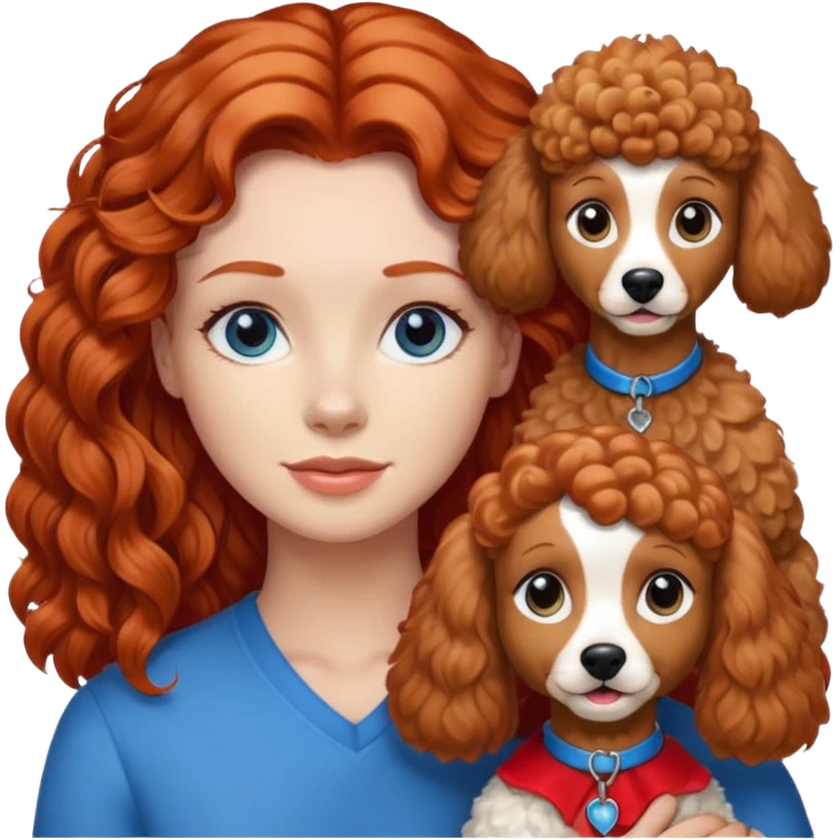 A red head with long hair blue eyes and a light brown poodle dog emoji