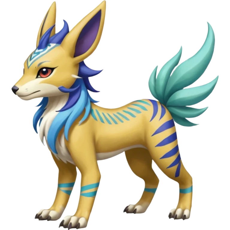 Tropical Tiny Marked Patterned Tribal Colorful Skilled Adept Graceful Asian Painted WereGarurumon-Suicune-Linoone-Meloetta-Renamon-fusion-hybrid-creature (full body) emoji