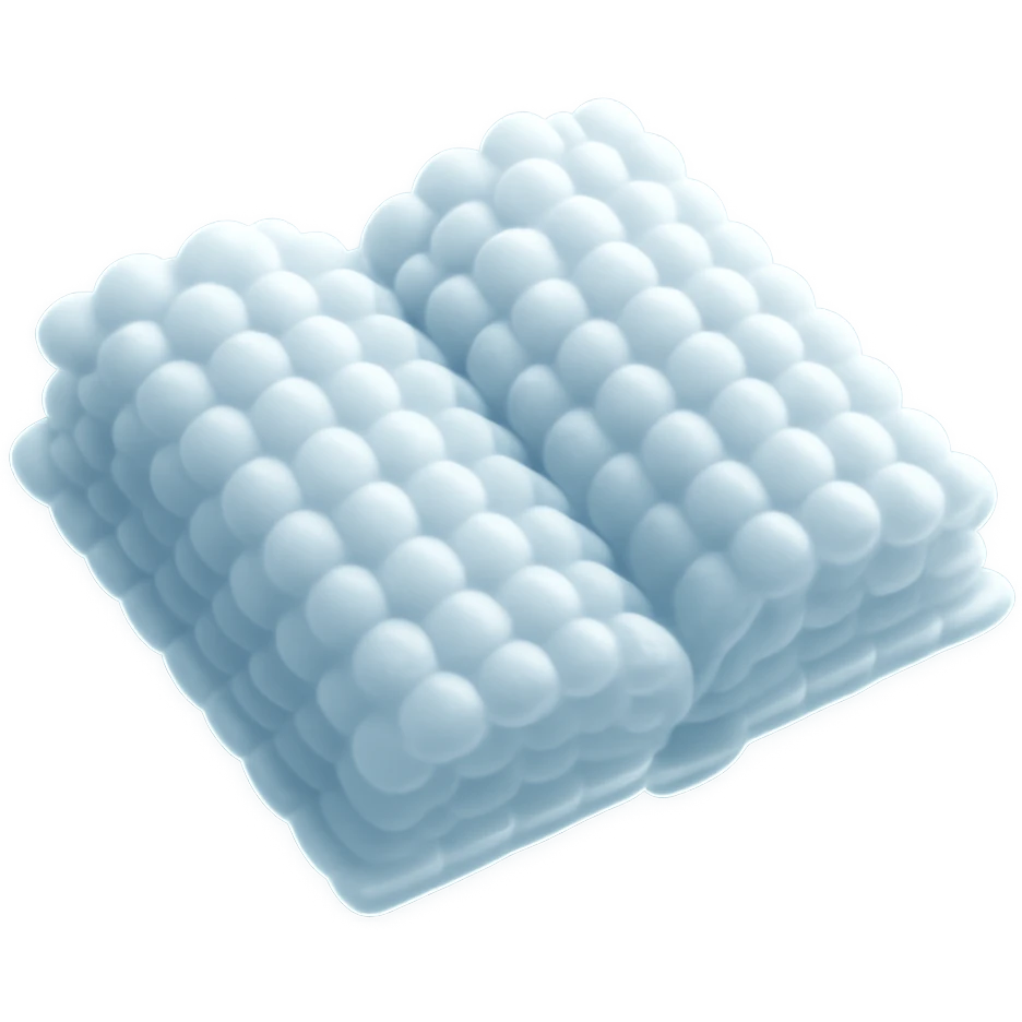 top view of a thick open book made entirely of small, very bright white fluffy convex clouds, matte glass style emoji