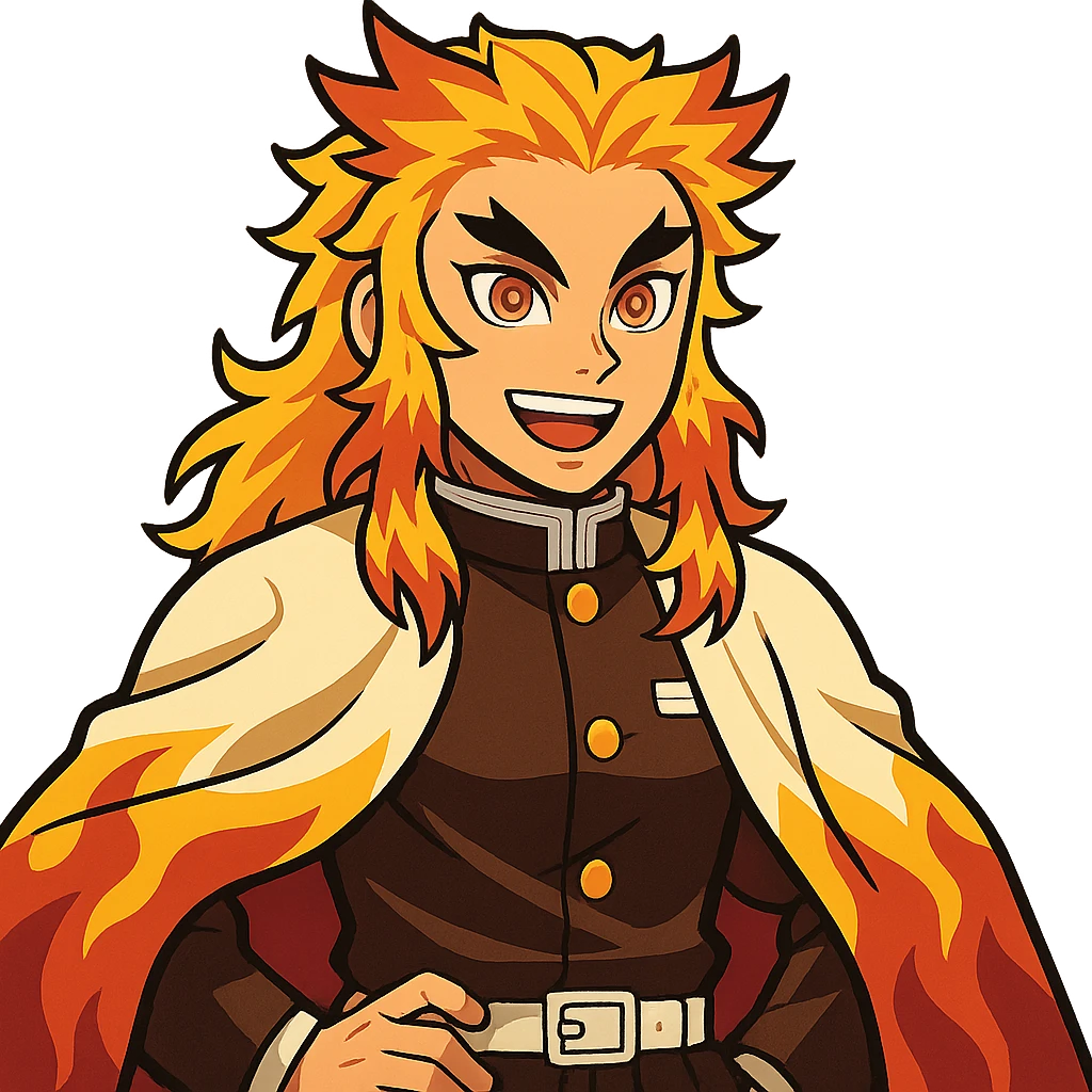 Kyojuro Rengoku from Demon Slayer, vibrant anime style, flame-patterned haori, fiery hair, confident smile emoji