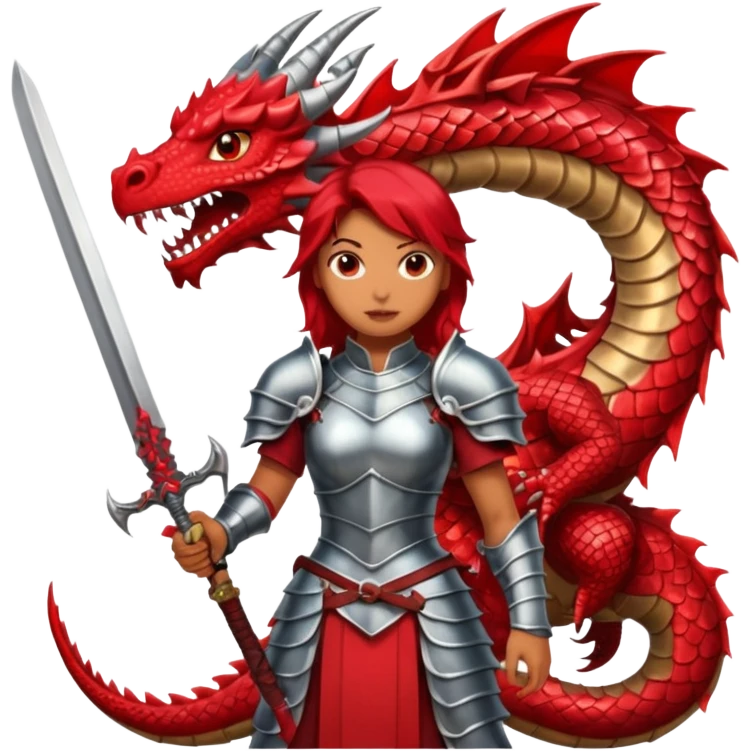 Fierce Latina in armor with a sword next to beheaded dragon emoji