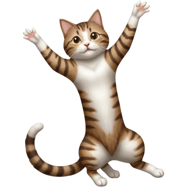 dark brown tabby and white cat with doing a big extremely long stretch reaching up into the air with arms and legs side by side together straight and overextended whilst lying on its side emoji