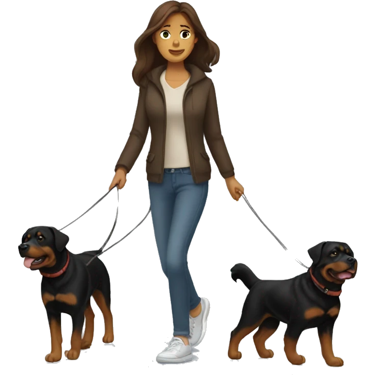 A woman with long brown hair takes a Rottweiler for a walk  emoji
