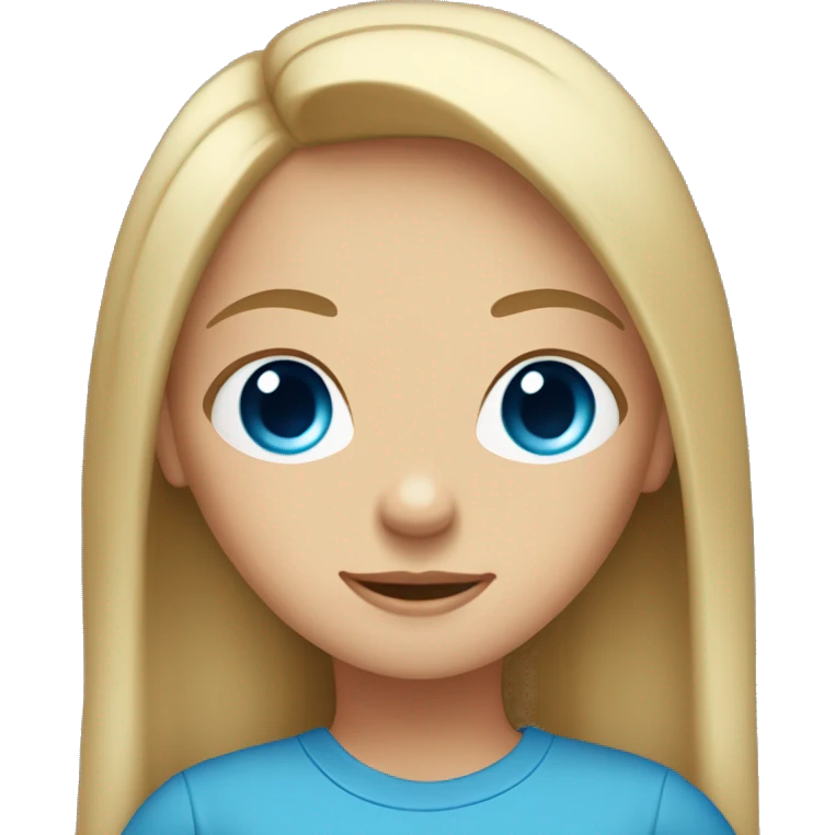 A girl with big, blue eyes, shoulder-length straight light hair, wearing a t-shirt emoji