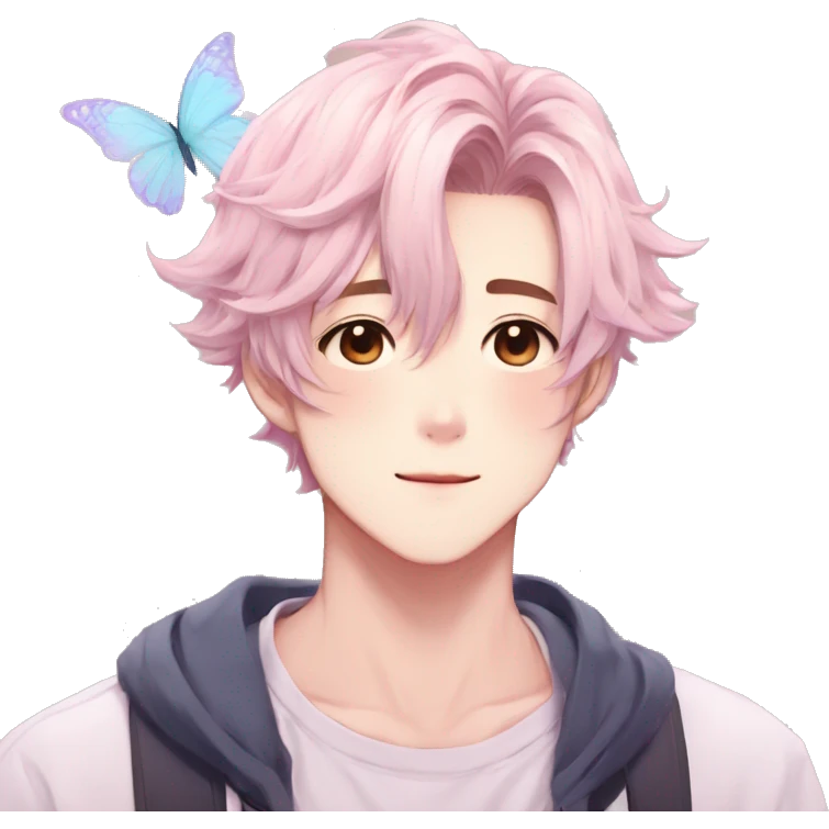 Gorgeous pastel anime style shojo man with blushing face and butterflies aesthetic and pretty hair trending style emoji