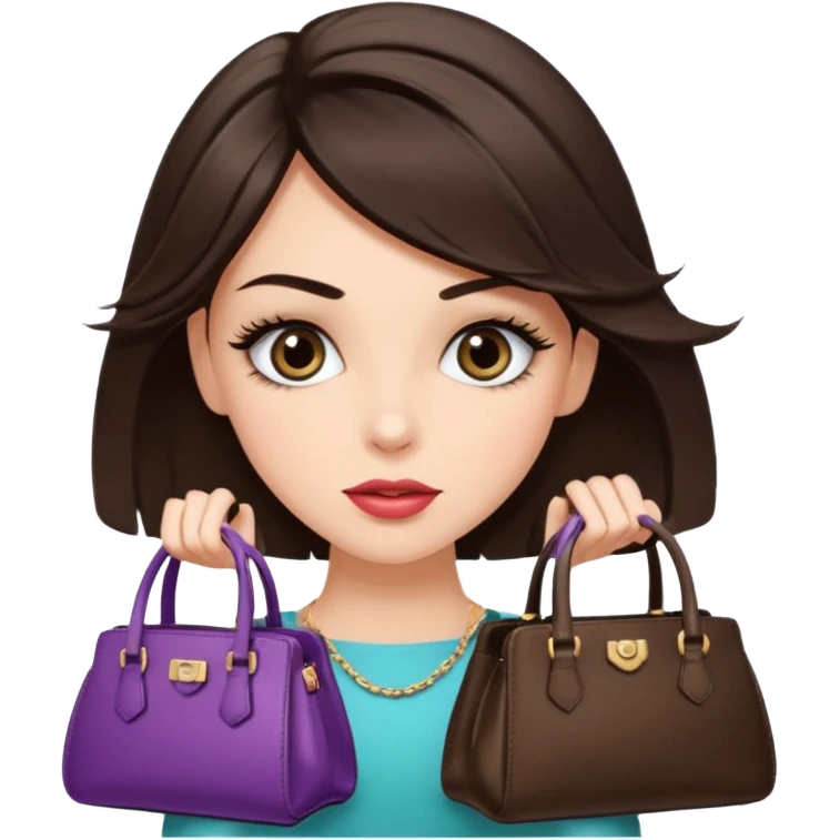 Glam brunette girl with eyelashes and fa looking left and right between two purses, playful puzzled expression — can’t decide between two options emoji