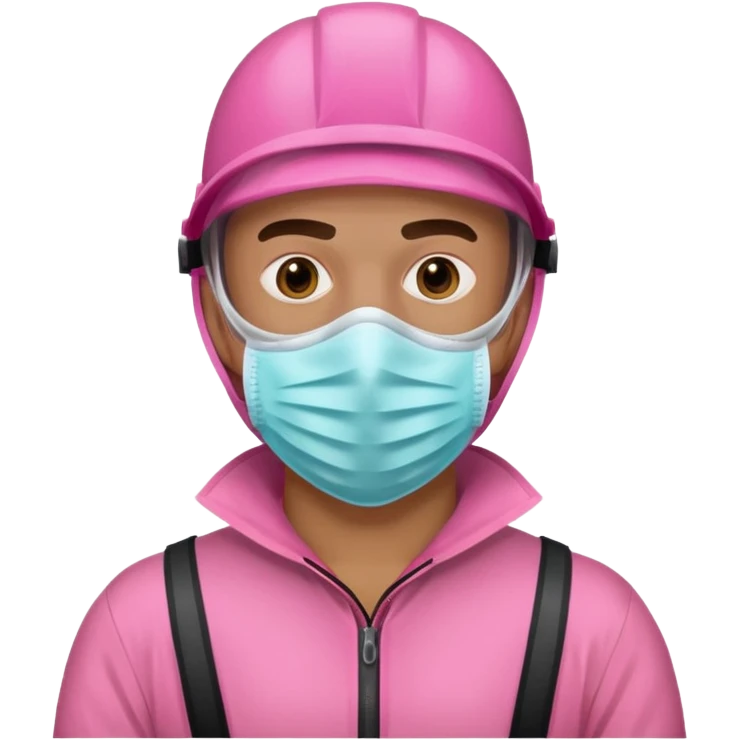 man in pink protection clothes with full-faced pink mask covered whole face emoji