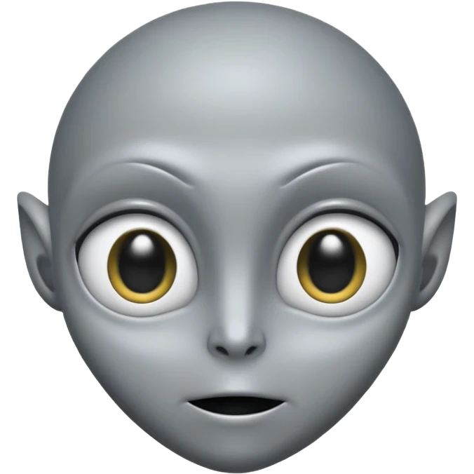 Grey alien head, almond-shaped eyes solid black, entire eye black, no white or iris, slanted, pale grey skin, cartoon emoji, no background


 emoji