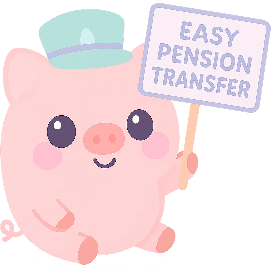 A piggy bank with a happy face, wearing a banker's hat, holding a sign that says 'Easy Pension Transfer', in a friendly and inviting cartoon style. emoji