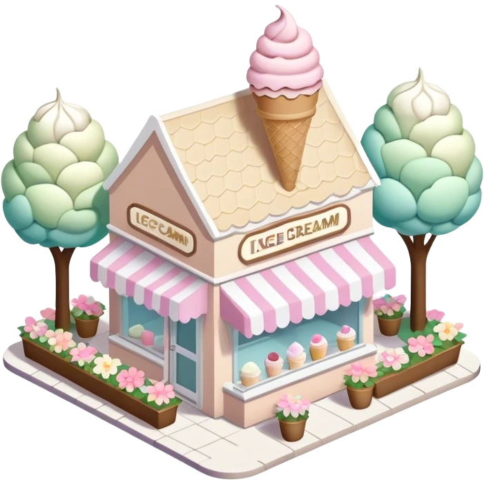 isometric exterior little beige and white ice cream parlour with abundant pastel florals everywhere emoji