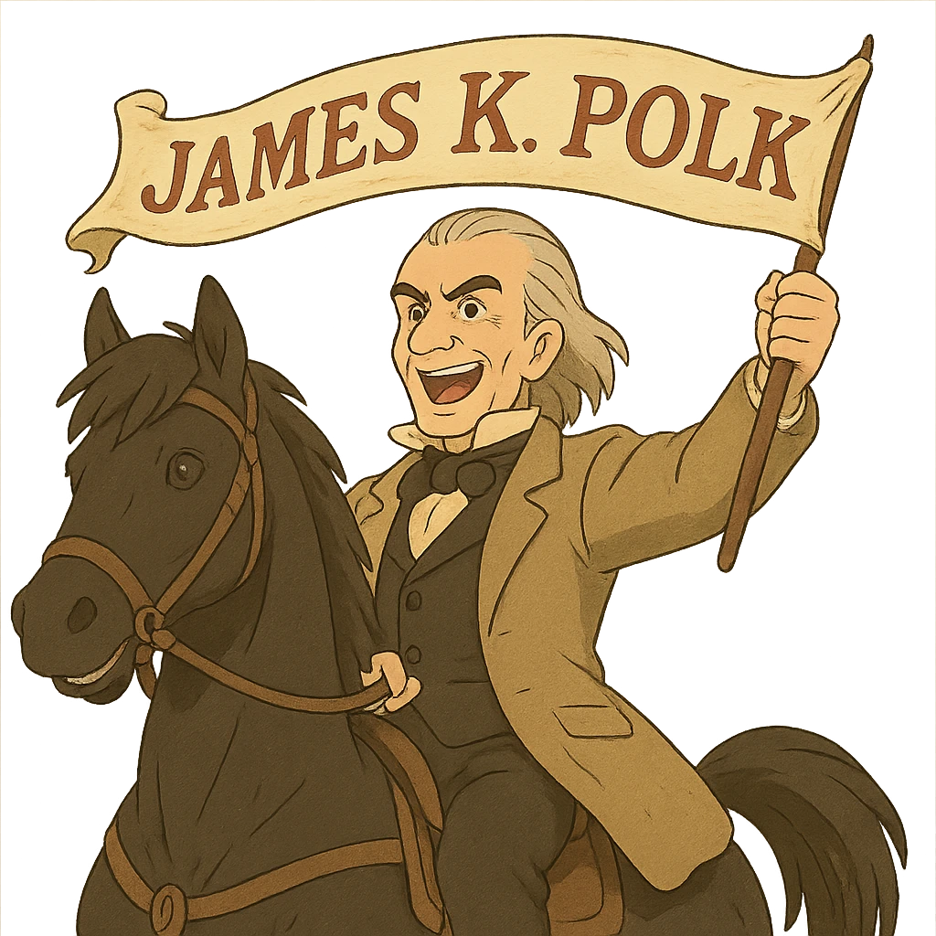 James K. Polk riding a dark horse, holding a campaign banner, triumphant expression, ghibli style illustration emoji
