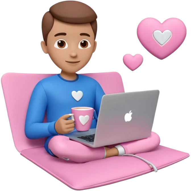 3D clay character relaxed with laptop and coffee, floating icons (envelope, heart, dollar), electric blue (#4A90D9) outfit, pink (#FF6B9D) floating icons, white laptop, Pixar style, transparent background emoji
