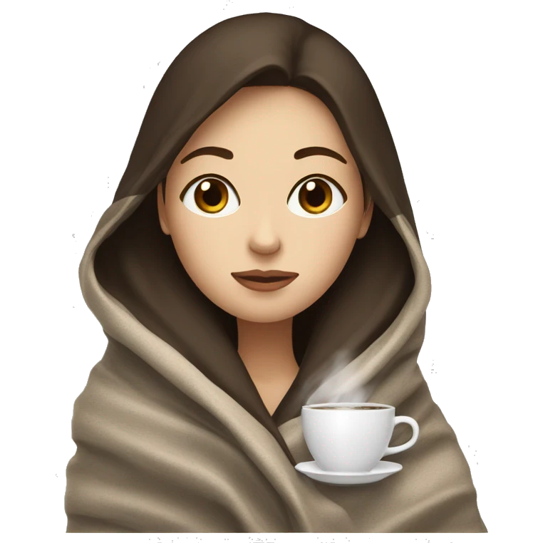 White girl with dark brown hair inside a blanket sipping coffee eyes closed emoji