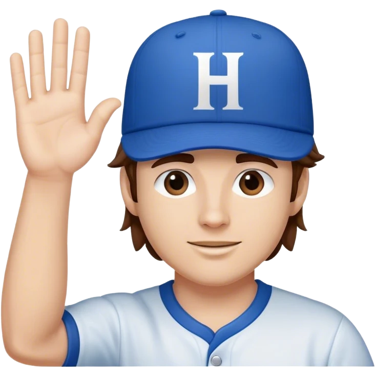 White Man with mid-length brown hair wearing blue baseball hat with the letter H on it. Hand waving emoji
