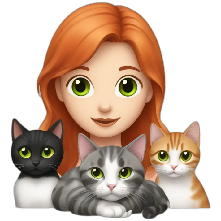 a red haired girl with green eyes surrounded by 3 black cats, 1 white and grey cat, 5 grey tabby cats emoji