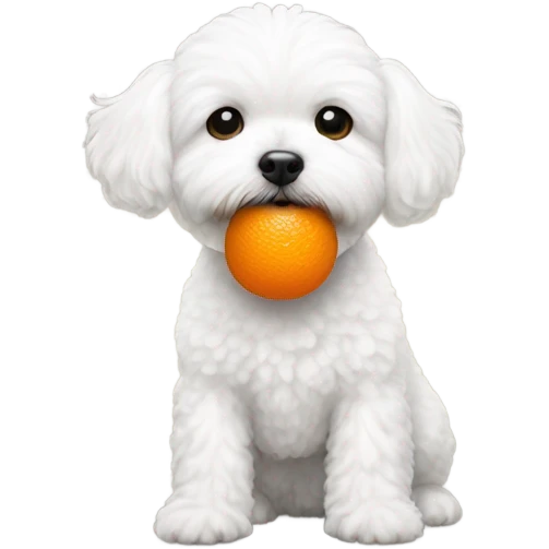 White maltipoo dog with orange ball in mouth emoji