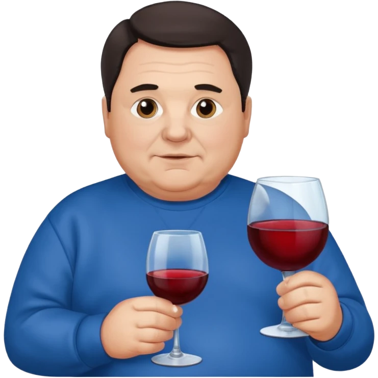 Older Fat man dark hair blue sweatshirt holding wine emoji