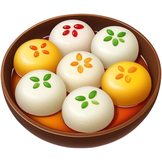 Shanghai Tangyuan sticky rice balls with colorful fillings in syrup, simplified emoji style with bold outlines and bright colors, cartoon style sweet Chinese dessert emoji