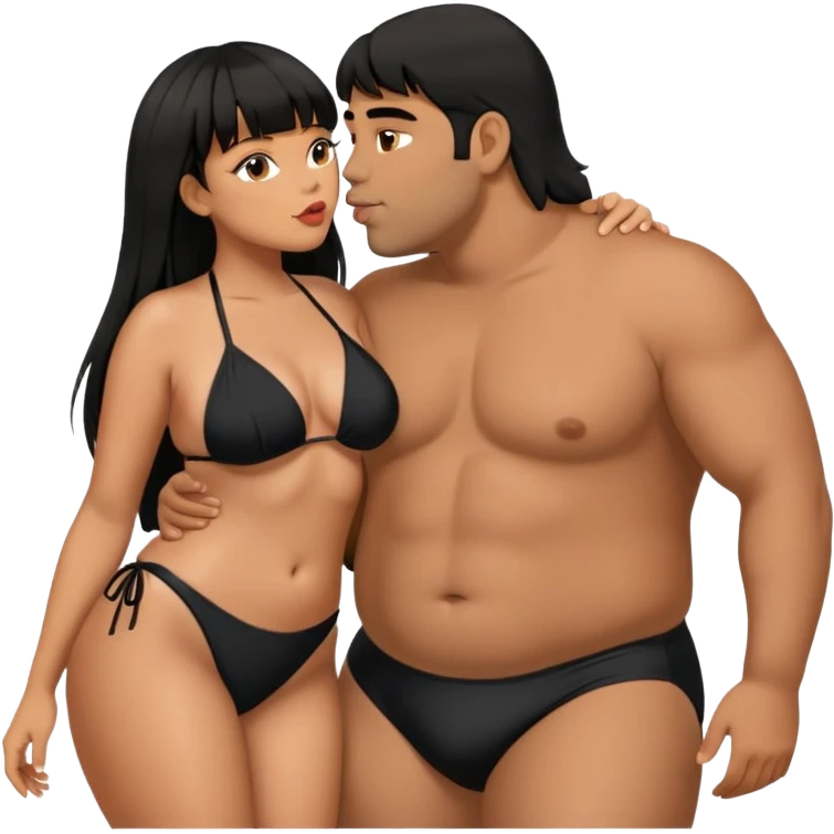 Latina female with bangs black long hair plus size in the beach with black bikini kissing Latin man with short hair  emoji