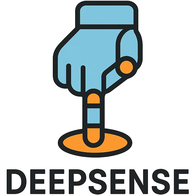 minimalist logo for 'DeepSense' with a single fingertip pressing or touching a surface, evoking robotic touch and human-like sensing, simple geometric forms, subtle color accents emoji