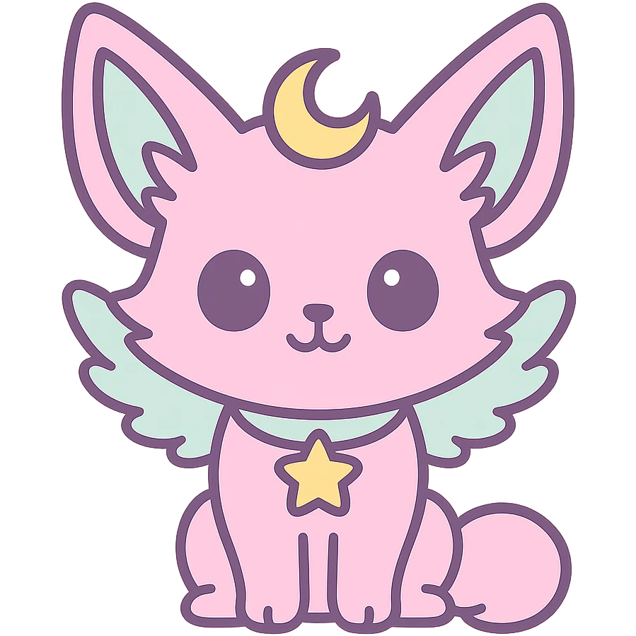 Transformer cette illustration de fennec magique kawaii en emoji expressif, style kawaii, fond transparent, garder les couleurs pastel et les accents féeriques. emoji