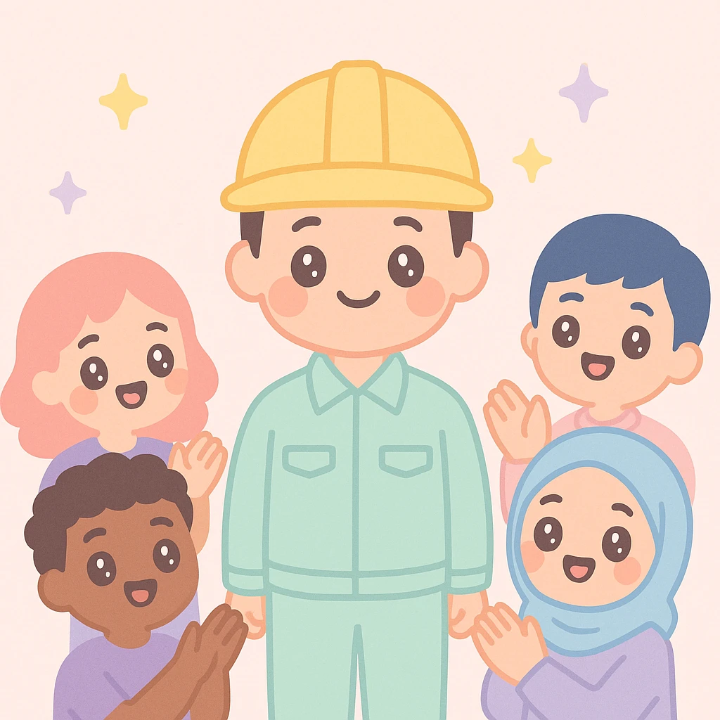 a worker in a hard hat being celebrated by a diverse group, all smiling and applauding emoji
