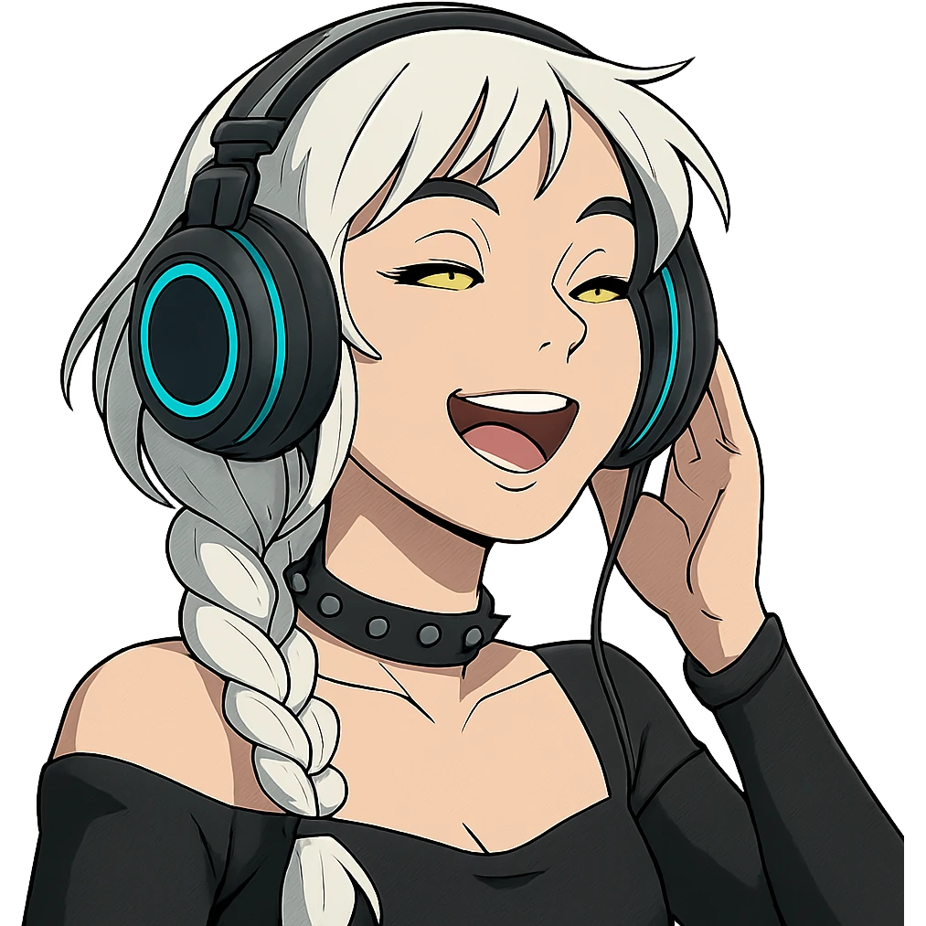 she is listening to music in headphones and JAMMIN!, a closeup portrait of young woman with gold yellow eyes, white hair, long braid, black off-shoulder top d-cup, punk gothic style, futuristic cyberwave cyberpunk,  emoji