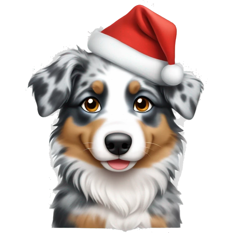 a blue merle australian shepherd puppy in a santa hat emoji