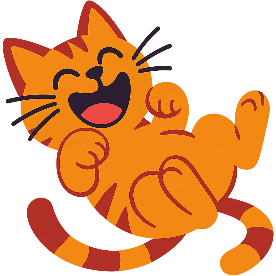 a mischievous cat rolling on its back, laughing, vibrant toon style emoji
