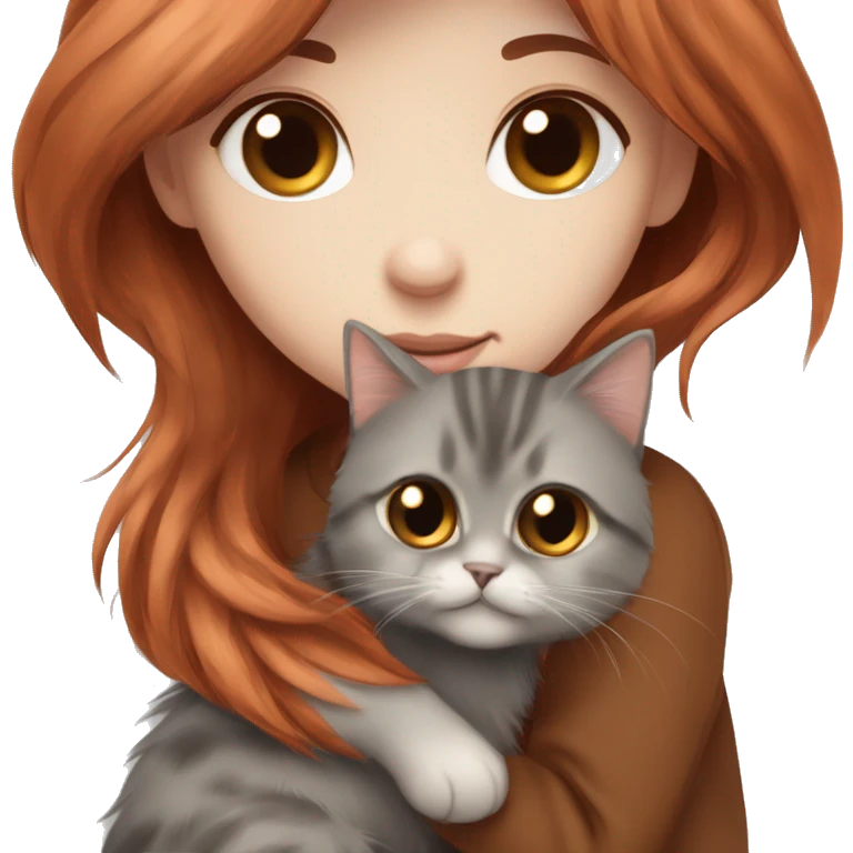 Copper red straight haired girl with dark  brown eyes hugging a fluffy brown and grey Siberian cat emoji