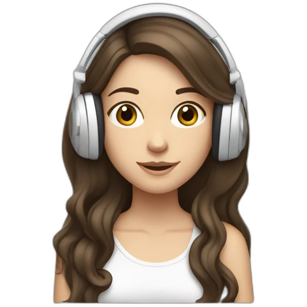 brunette white girl with long hair listening to music with her phone in her hand with white small headphones  emoji