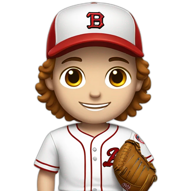 Boy baseball player, white skin, brown hair, smiling. Red cap with a T as its logo, white uniform with red details. emoji