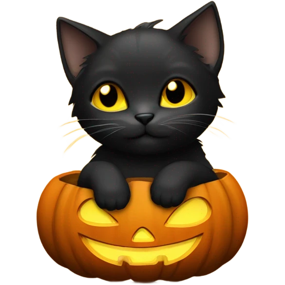 black cute kitten with yellow eyes sitting inside of a jack o lantern emoji