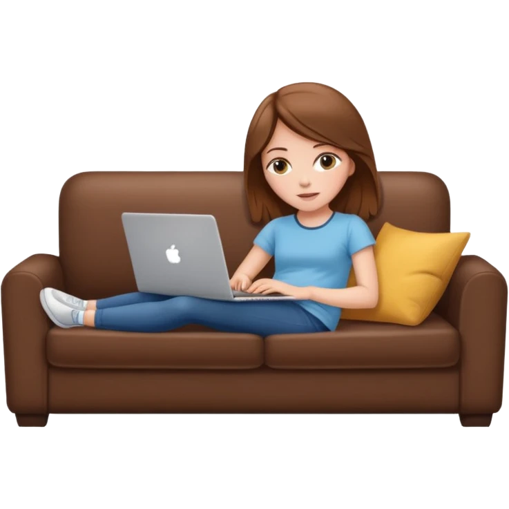 A white girl is lying on a sofa with a laptop emoji