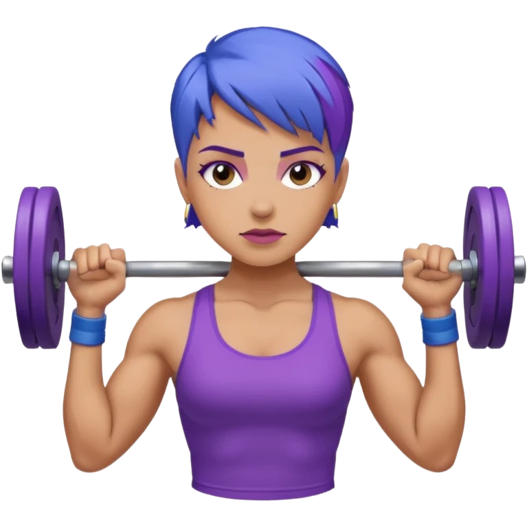 weight lift woman short blue purple har muscles bar is not growing from head emoji