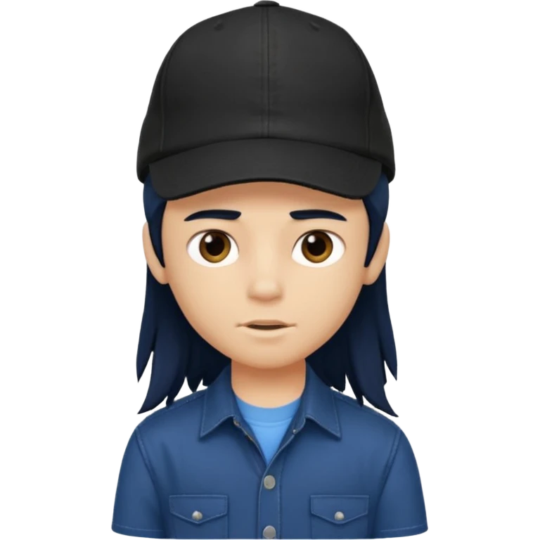 generate a pretty bratz boy wearing a dark blue button up shirt, long black mullet hair. 

Dark blue cap on head emoji