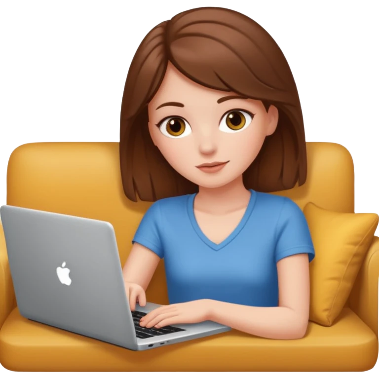 A white girl is lying on a sofa with a laptop emoji