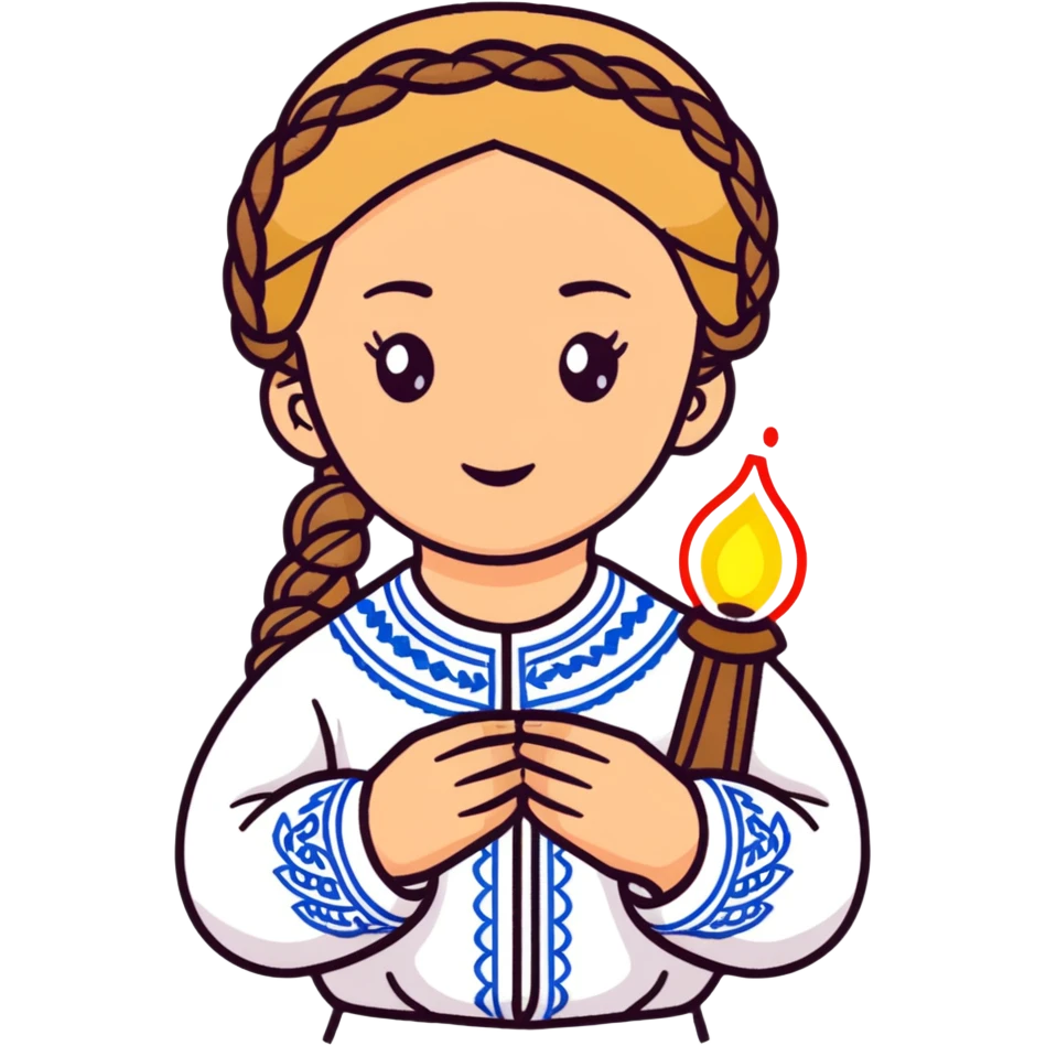 Young Ukrainian girl with braided hair in white traditional embroidered Ukrainian vyshyvanka shirt holding a small glowing light representing the soul emoji