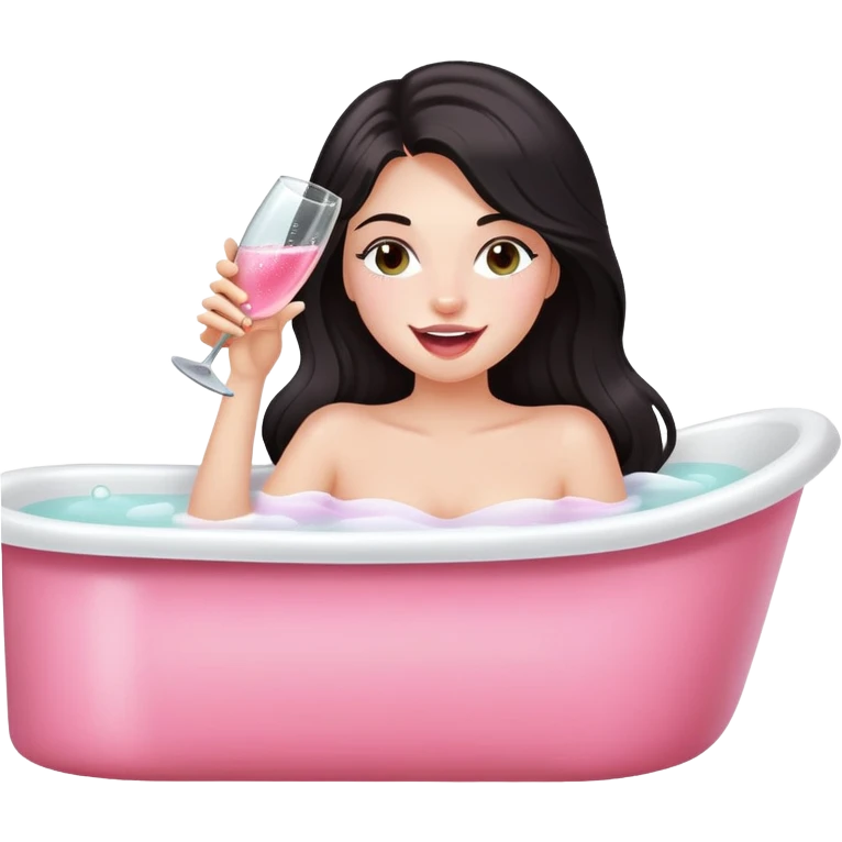 A bretty white girl with long  dark hair in Bathtub drinking pink champagne and shes winks emoji