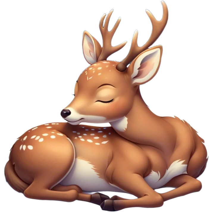 Meme-Worthy Cute Sleeping Deer Portrait Emoji, Head resting peacefully with a contented smile, showcasing a delicate, slender build and a luxuriously soft coat, eyes shut in a serene, restful nap, Simplified yet hilariously adorable features, highly detailed, glowing with a soft, drowsy light, high shine, relaxed and utterly lovable, stylized with an air of playful laziness, bright and heartwarming, soft glowing outline, capturing the essence of a comically sleepy deer, so meme-worthy it feels like it could instantly become the next viral sensation of adorable woodland slumber! emoji
