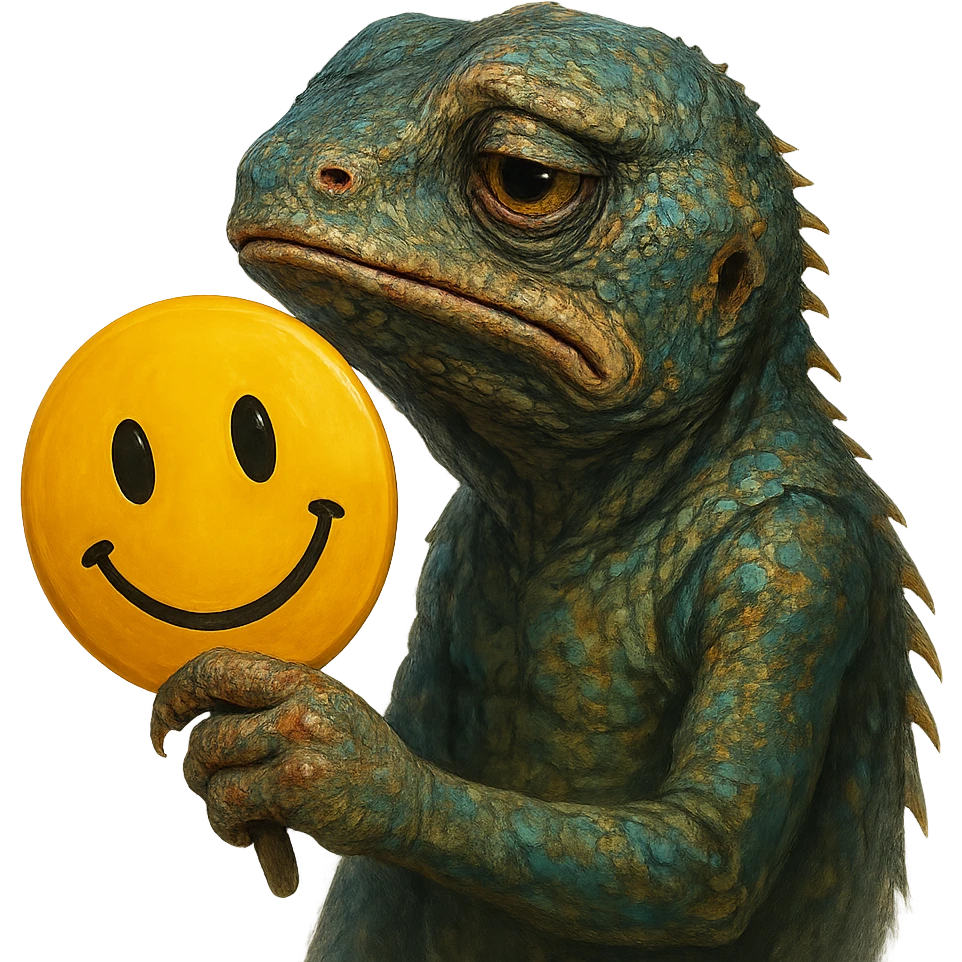 a melancholy lizard holding a bright yellow smiling emoji mask, emotional, detailed face, vivid colors emoji