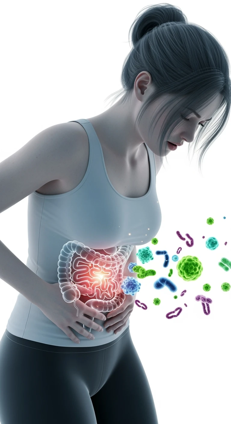 DONNA CON MAL DI PANCIA E INTESTINO UMANO ANATOMICO VISIBILE, BATTERI INTESTINALI FLUTTUANO INTORNO, IPERREALISTICO 4K, SFONDO BIANCO emoji