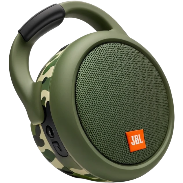 Ultra minimal JBL Clip 4 speaker with just a few green camouflage spots, iOS emoji style emoji